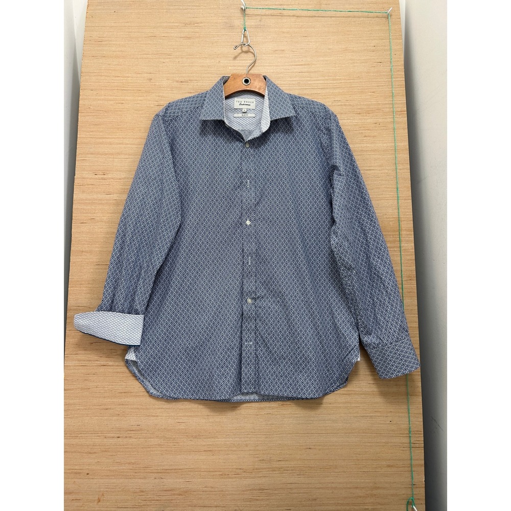 Ted Baker Endurance Slim Fit Navy Geometric Print Button Down Shirt Mens 16